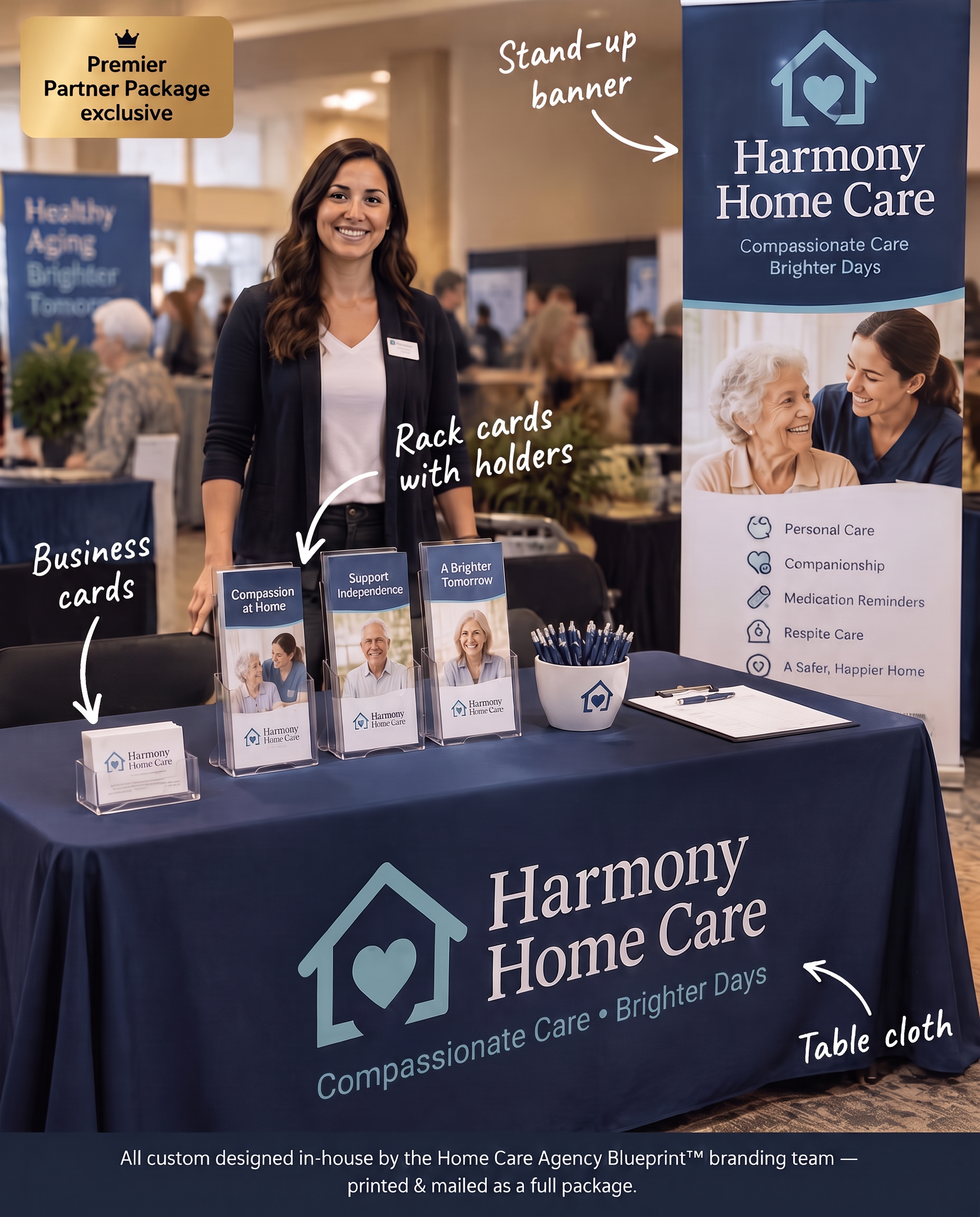 Annotated photo of a home care agency fair booth showing branded tablecloth, stand-up banner, rack cards with holders, and business cards — Launch Fair Kit included with the Premier Partner Package.